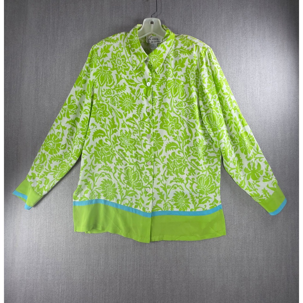 Linea by Louis Dell'Olio Blouse Women M Green Floral Silk Button Up Colorblock